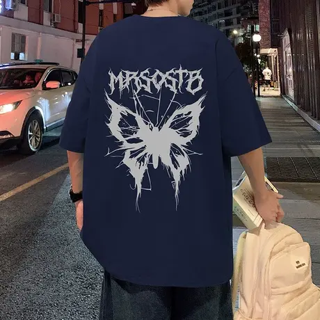 美式蝴蝶印花短袖T恤男2024夏季新款宽松小众圆领港风情侣体恤衫图片