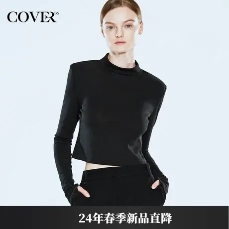 COVER2024春款修身半高领垫肩长袖上衣图片