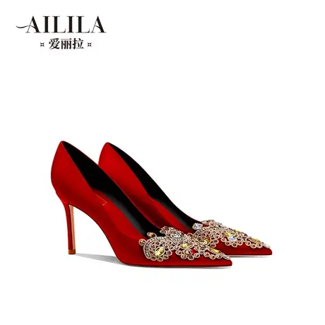 爱丽拉红色绸缎水晶婚鞋女2023新款新娘秀禾中式高跟鞋小众高级感商品大图