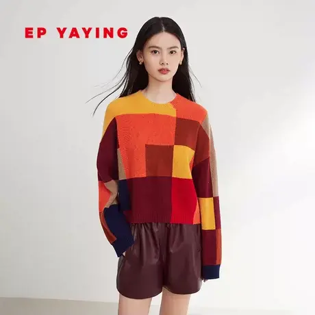 [唐嫣同款]EP雅莹女装 羊毛羊绒撞色圆领毛衣 2023秋冬新款9518A商品大图