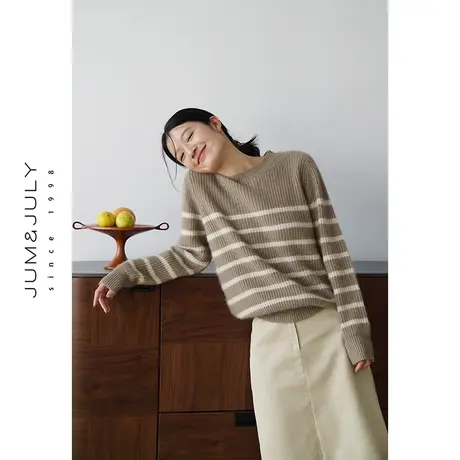 嘉茱莉2023秋季新款浣熊绒针织衫女圆领套头条纹针织上衣小众设计商品大图