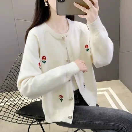 日系软糯花朵刺绣开衫毛衣女春秋宽松慵懒风温柔小香风甜美针织衫商品大图