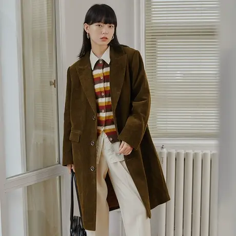 omont蛋挞家 复古西装领灯芯绒毛呢大衣女秋冬季廓形显瘦呢子大衣商品大图