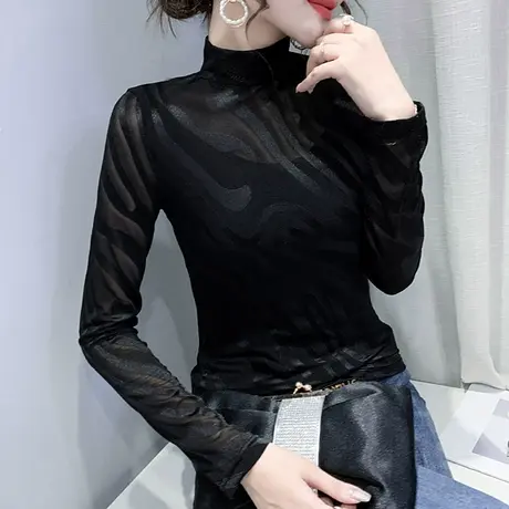 加绒加厚打底衫女秋冬半高领保暖长袖T恤网纱小衫紧身内搭上衣潮图片