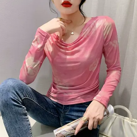 性感一字领打底衫女长袖秋2023新款气质减龄印花上衣时尚网纱T恤商品大图