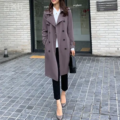 百洛安长袖风衣女中长款秋装新款双排扣宽松流行大衣时尚简约外套图片