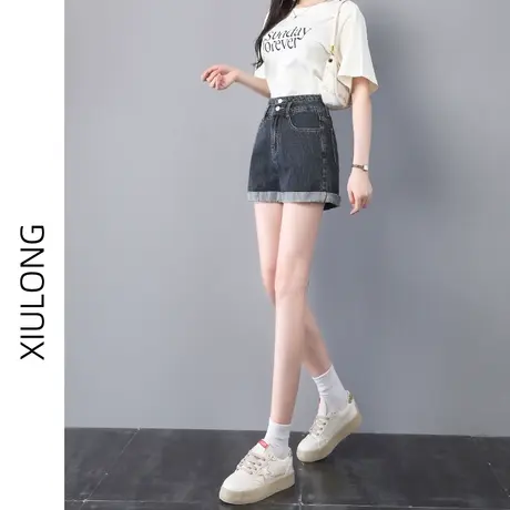 高腰牛仔短裤女春秋季款2023新款a字梨形胖mm显瘦宽松阔腿热裤子图片