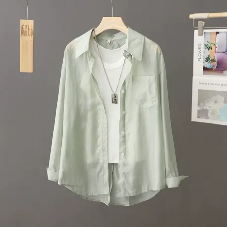 2023夏季新品简约纯色长袖防晒衬衫女薄款防晒衣开衫空调衫上衣潮图片
