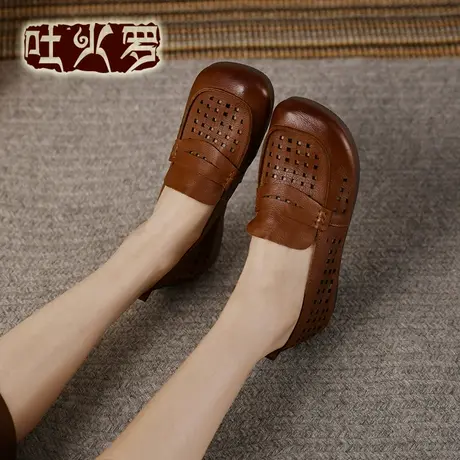 吐火罗[头层牛皮]2022春季新款单鞋女软底平底百搭乐褔鞋真皮单鞋商品大图