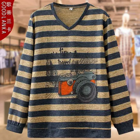 大码中老年妈妈春装长袖T恤女宽松时尚V领条纹印花针织打底衫上衣商品大图
