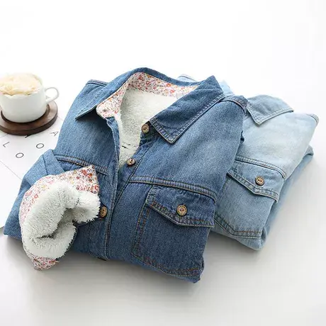 秋冬季新款韩版百搭加绒加厚牛仔衬衫女长袖宽松学生保暖打底衬衣商品大图