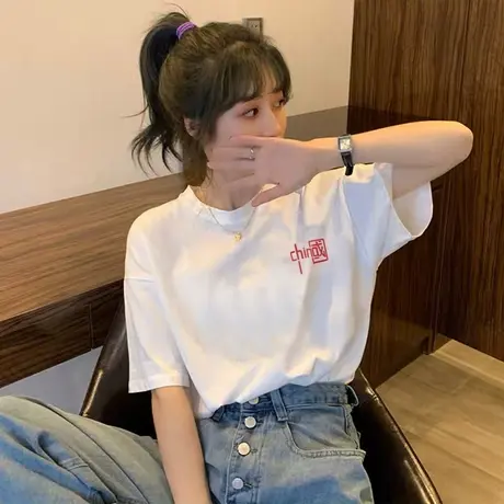 纯棉短袖t恤女夏季薄款宽松韩版ins半袖设计感小众显瘦别致上衣服商品大图
