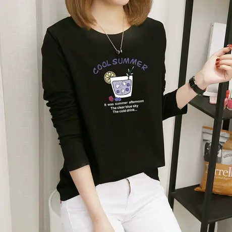 纯棉长袖t恤女装春季2023年新款韩版大码宽松体恤港风洋气上衣服商品大图