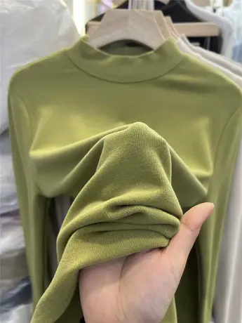 欧货双面磨毛线理半高领T恤女秋冬新款加厚修身纯内搭打底衫大码图片