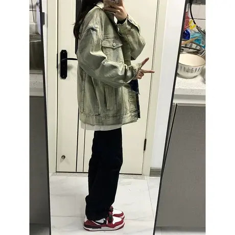 美式复古港风chic牛仔外套女春秋街头高级感宽松夹克上衣胖mm大码图片