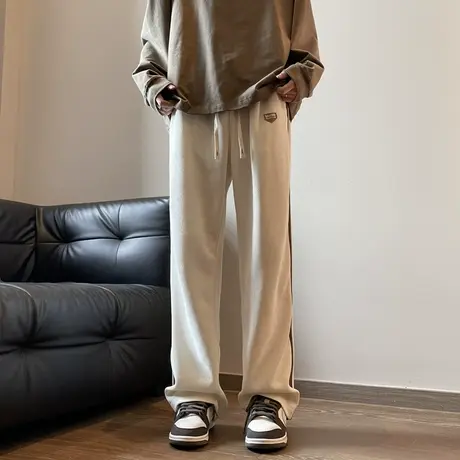 美式潮牌灯芯绒裤子男款春秋款直筒宽松阔腿高街拖地条纹休闲长裤商品大图