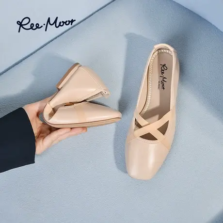 REEMOOR睿慕交叉绑带浅口低跟方头平底芭蕾舞鞋软底通勤百搭单鞋商品大图