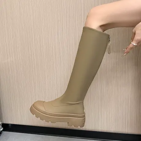 不过膝显腿长瘦瘦靴女2023秋季新款复古圆头气质百搭高筒骑士长靴图片