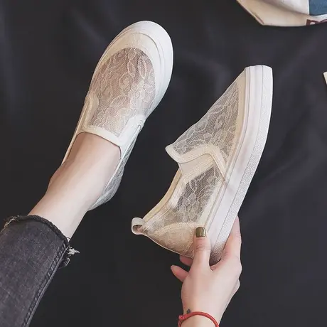 蕾丝帆布鞋女鞋2023春夏季新款透气懒人鞋平底小白鞋一脚蹬网鞋子商品大图