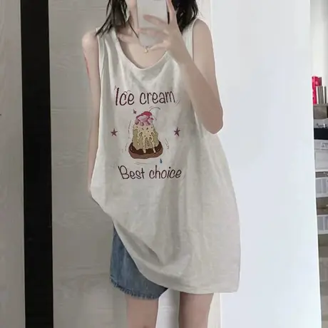 纯棉吊带坎肩背心无袖t恤女夏季设计感小众外穿宽松港风挂脖上衣图片
