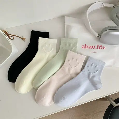 短袜女春夏薄款纯色系棉质透气短筒袜子学院风笑脸情侣款中筒袜潮图片