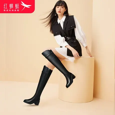 红蜻蜓长筒靴女骑士靴2023冬季新款黑色休闲真皮长靴粗跟高筒靴子图片