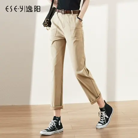 逸阳工装裤女士2023早秋款抗皱卡其宽松高腰显瘦九分哈伦休闲裤子商品大图