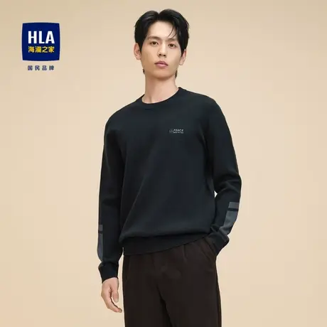 HLA/海澜之家休闲长袖针织衫2023秋季新款修身中弹圆领套头上衣男商品大图