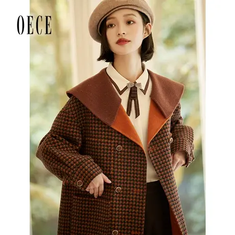 【买1送1】Oece复古高级感格纹呢大衣冬新款女羊毛双面呢子外套商品大图