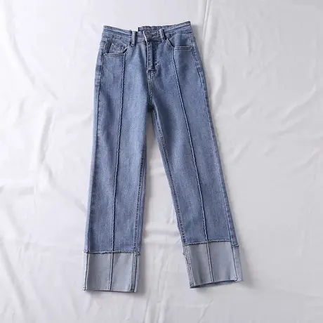 设计感中缝拼接直筒牛仔裤百搭高腰小个子裤脚撞色休闲九分裤女潮图片