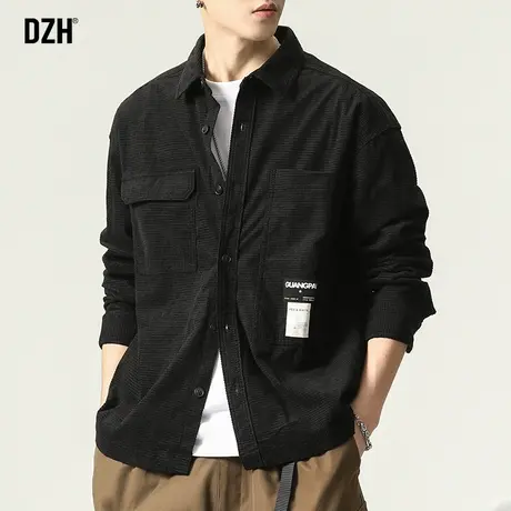 男士日系复古黑色华夫格外套秋季长袖衬衫男高级感痞帅2023年新款商品大图