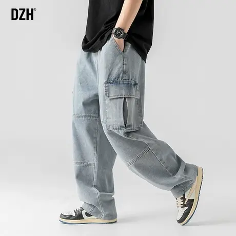 男士松紧腰浅色美式牛仔裤男直筒宽松裤子男款休闲长裤工装裤潮牌商品大图