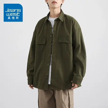 KZ真维斯军绿色长袖衬衫男士百搭宽松潮牌外套夹克春季春秋款衣服商品大图