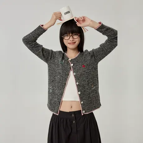 omont蛋挞家 复古绣花羊毛混纺针织开衫2025春季圆领贝壳扣毛衣女商品大图