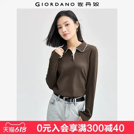 佐丹奴长袖Polo衫女秋季上新纯棉撞色边门筒翻领套头上衣05314782图片