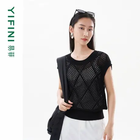 [专柜同款]Yifini/易菲圆领镂空设计套头针织背心宽松短款毛衫商品大图