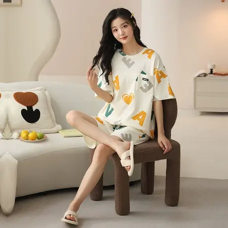 睡衣女夏季纯棉薄款短袖新款可爱可外穿家居服两件套装商品大图