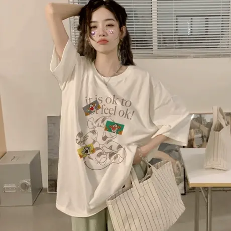 t恤短袖女胖mm大码宽松正肩白色情侣装ins潮夏季纯棉设计感上衣商品大图