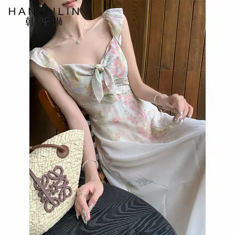 韩语琳 6/30 清新甜美印花连衣裙女方领蝴蝶结度假风大摆收腰长裙图片