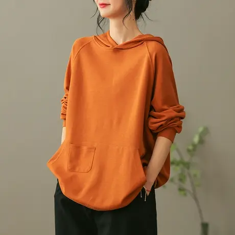 dza 复古纯色全棉连帽卫衣女士2023春季宽松外套百搭休闲套头上衣商品大图