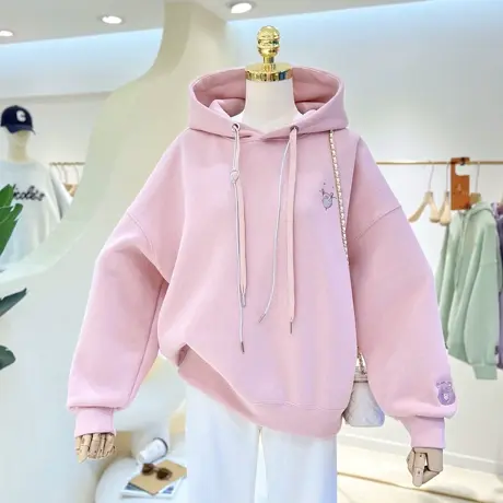 卡通刺绣小熊百搭韩版春秋新款宽松抽绳设计连帽卫衣女帽衫外套商品大图