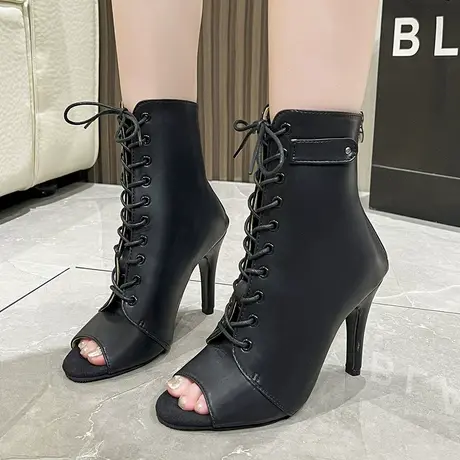 短靴女夏季2023年新款时尚设计感小众露趾凉靴系带细跟大码高跟鞋商品大图