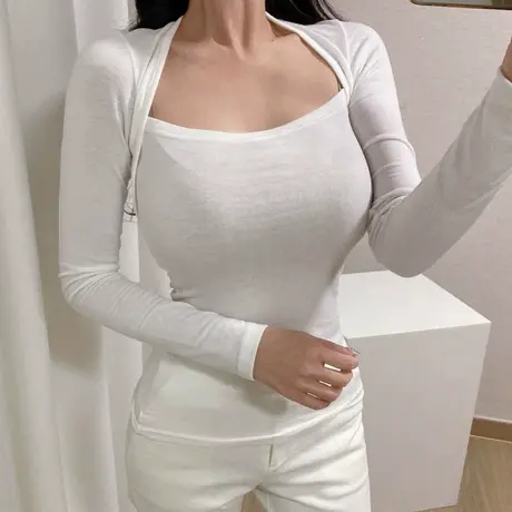 真心推荐好穿2021春新款 YW026性感显胸大~舒适紧身假两件打底T恤商品大图