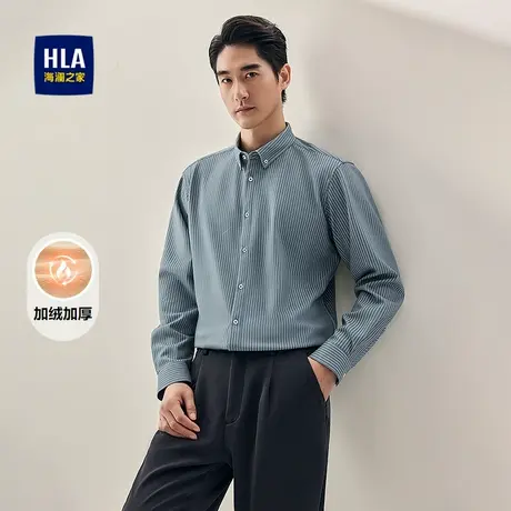 HLA/海澜之家保暖长袖衬衫25秋冬新款条纹扣领尖领加绒加厚上衣男图片