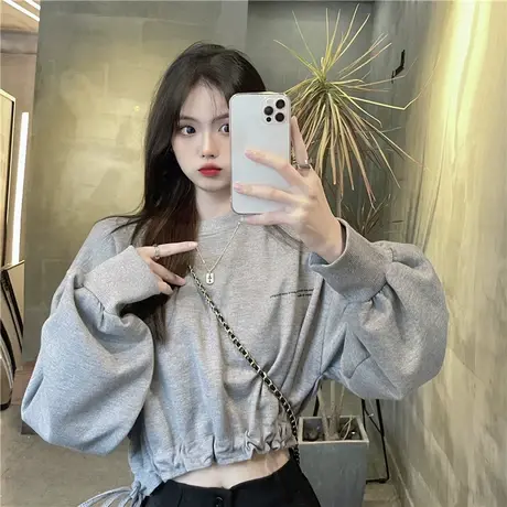 vintage卫衣女2021年新款春秋宽松薄款显瘦收腰短款高腰上衣外套商品大图