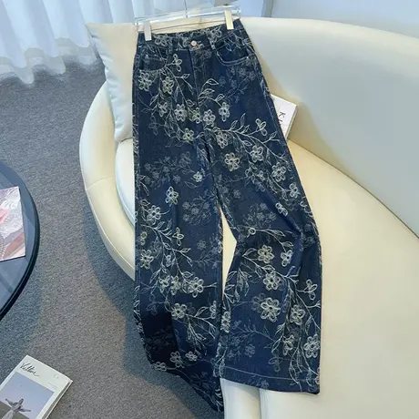 拉夏贝尔复古印花阔腿牛仔裤女秋季2025新款时尚显瘦欧货直筒裤子商品大图