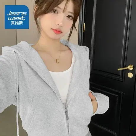 LB真维斯短外套女2025新款秋季美式复古开衫卫衣女士休闲连帽上衣图片