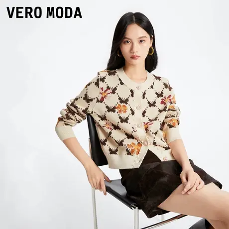 Vero Moda奥莱针织开衫女春秋新款复古立体钉珠印花宽松毛衣上衣图片