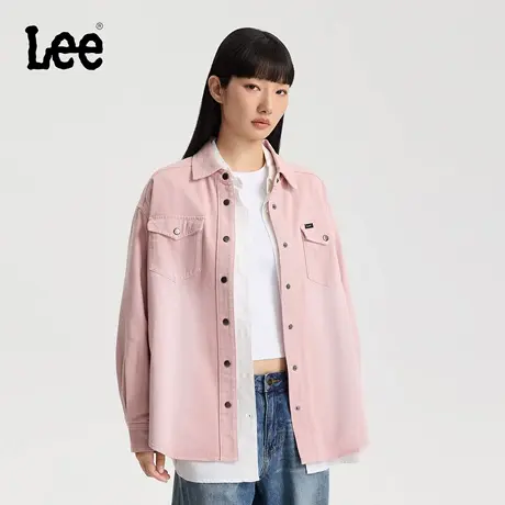 Lee商场同款25秋冬新品宽松版翻领小Logo织标豆沙粉女长袖衬衫潮商品大图