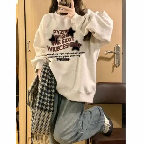 白灰色重磅圆领卫衣女秋冬加绒小个子宽松美式复古高级感无帽上衣商品大图
